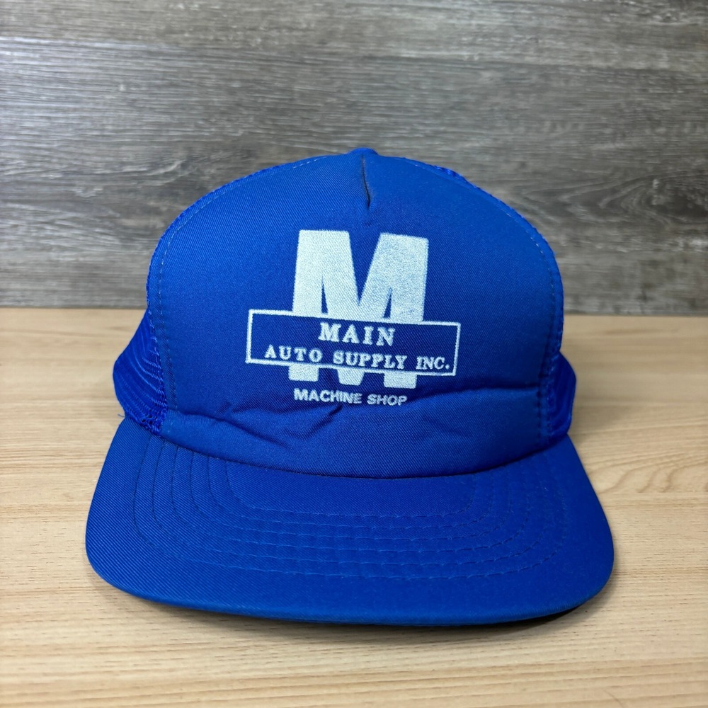 Vintage Main Auto Supply Hat Cap Snapback Blue Trucker Machine Shop Adjustable